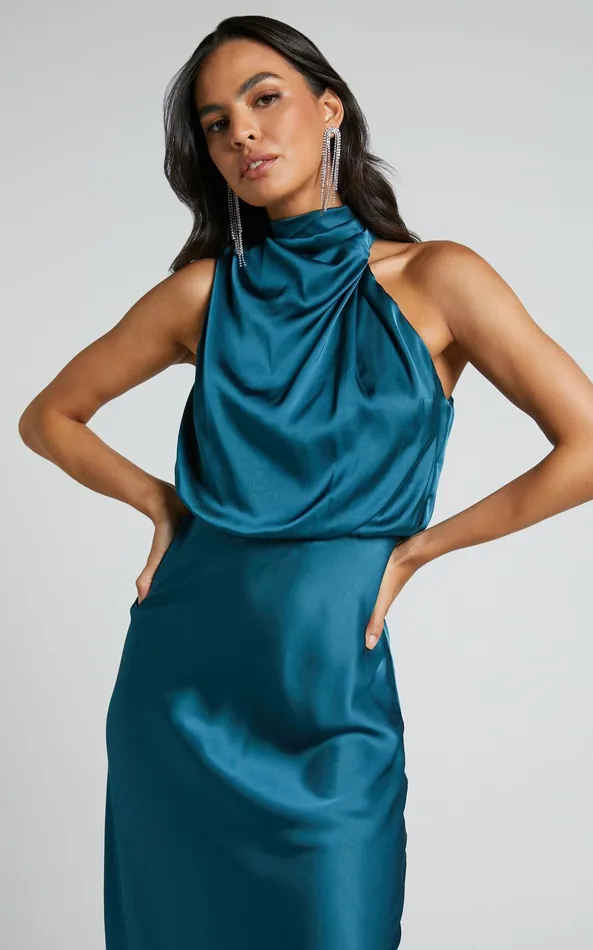 Showpo Minnie Midi Dress 8211 Drape Neck Satin Slip Dress In Teal Women Dresses