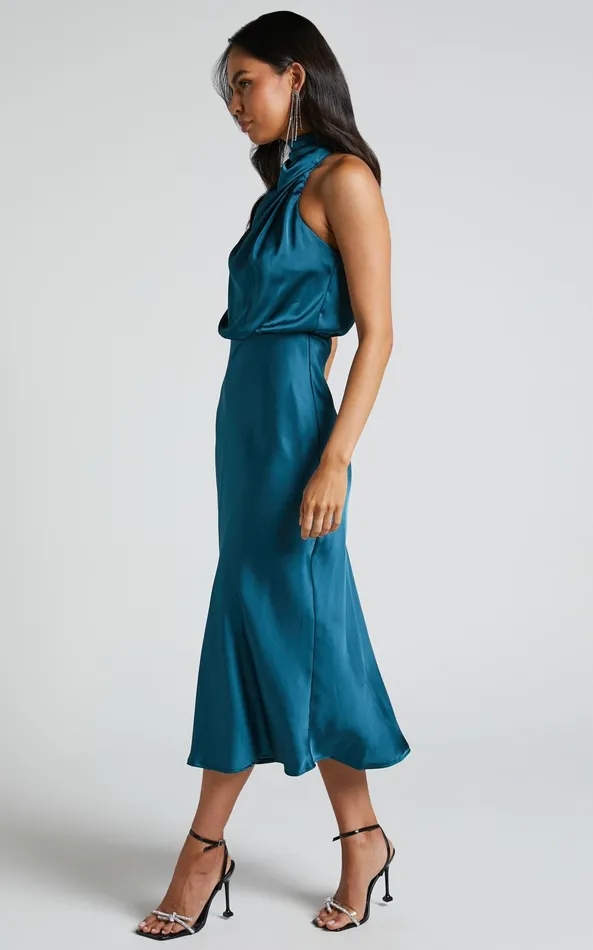 Showpo Minnie Midi Dress 8211 Drape Neck Satin Slip Dress In Teal Women Dresses