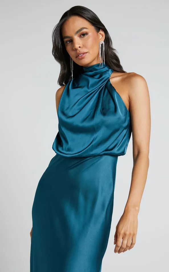 Showpo Minnie Midi Dress 8211 Drape Neck Satin Slip Dress In Teal Women Dresses