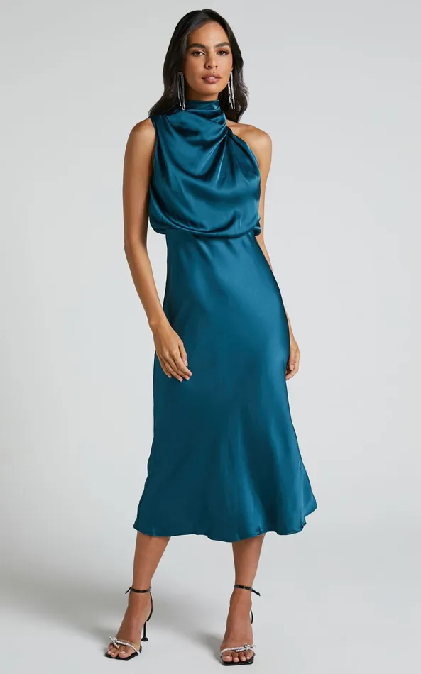 Showpo Minnie Midi Dress 8211 Drape Neck Satin Slip Dress In Teal Women Dresses