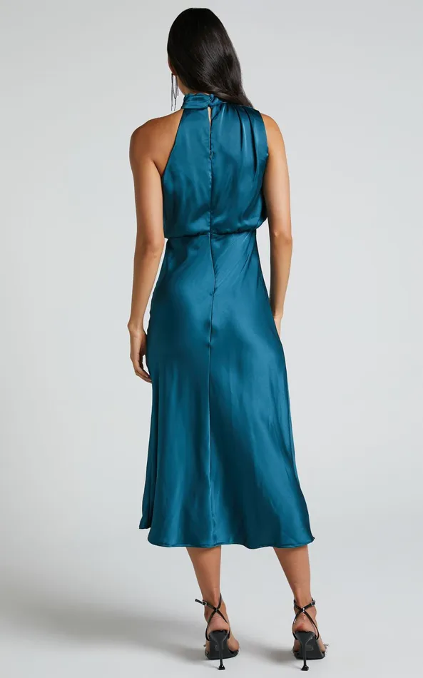 Showpo Minnie Midi Dress 8211 Drape Neck Satin Slip Dress In Teal Women Dresses