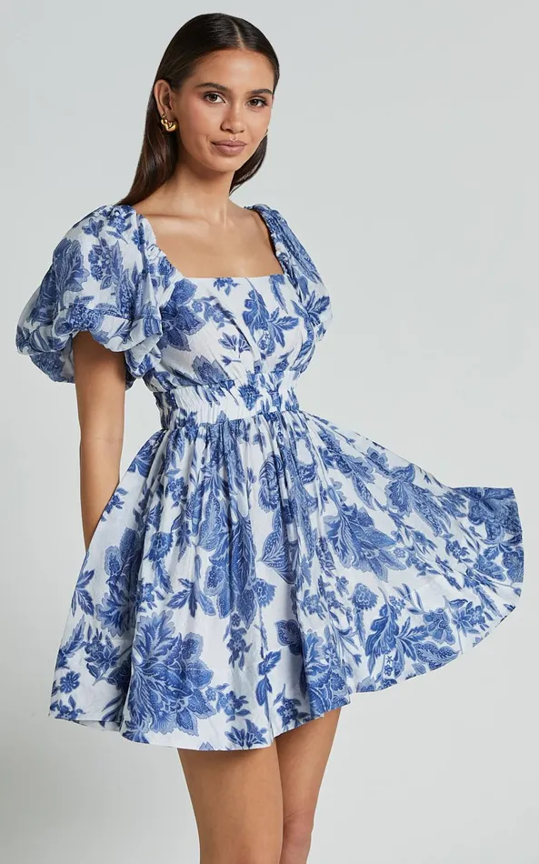 Showpo Mira Mini Dress 8211 Square Neck Balloon Sleeve Dress In Blue Floral Women Dresses Showpo Mira Mini Dress 8211 Square Neck Balloon Sleeve Dress In Blue Floral Women Dresses