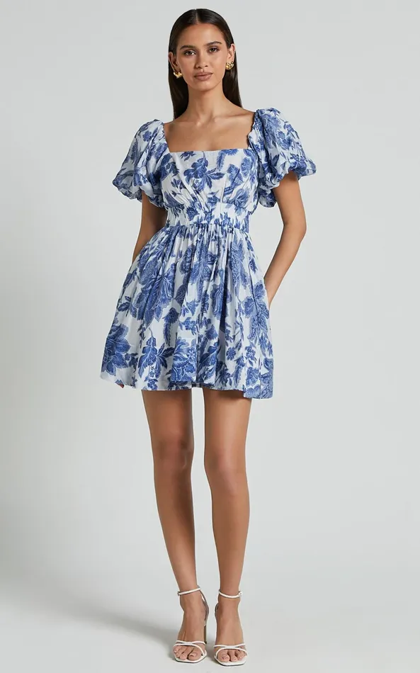 Showpo Mira Mini Dress 8211 Square Neck Balloon Sleeve Dress In Blue Floral Women Dresses