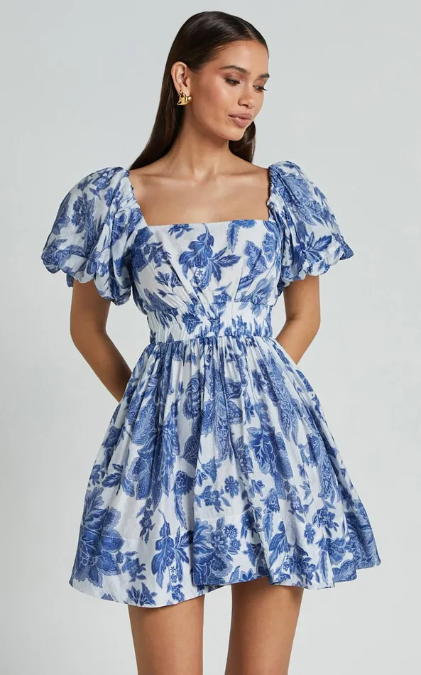 Showpo Mira Mini Dress 8211 Square Neck Balloon Sleeve Dress In Blue Floral Women Dresses