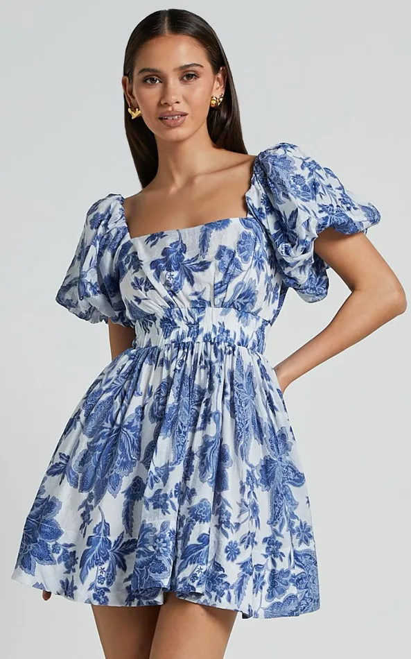 Showpo Mira Mini Dress 8211 Square Neck Balloon Sleeve Dress In Blue Floral Women Dresses