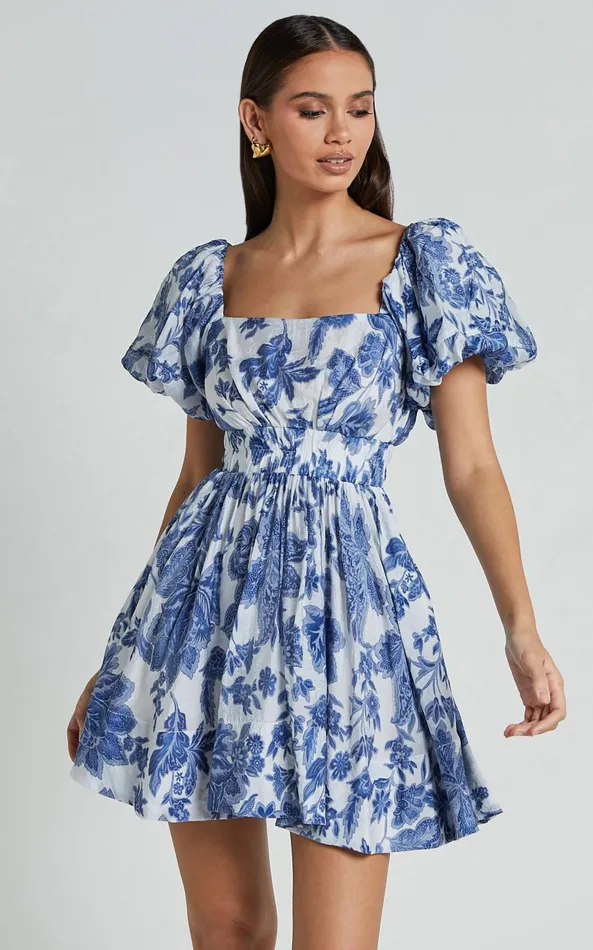 Showpo Mira Mini Dress 8211 Square Neck Balloon Sleeve Dress In Blue Floral Women Dresses