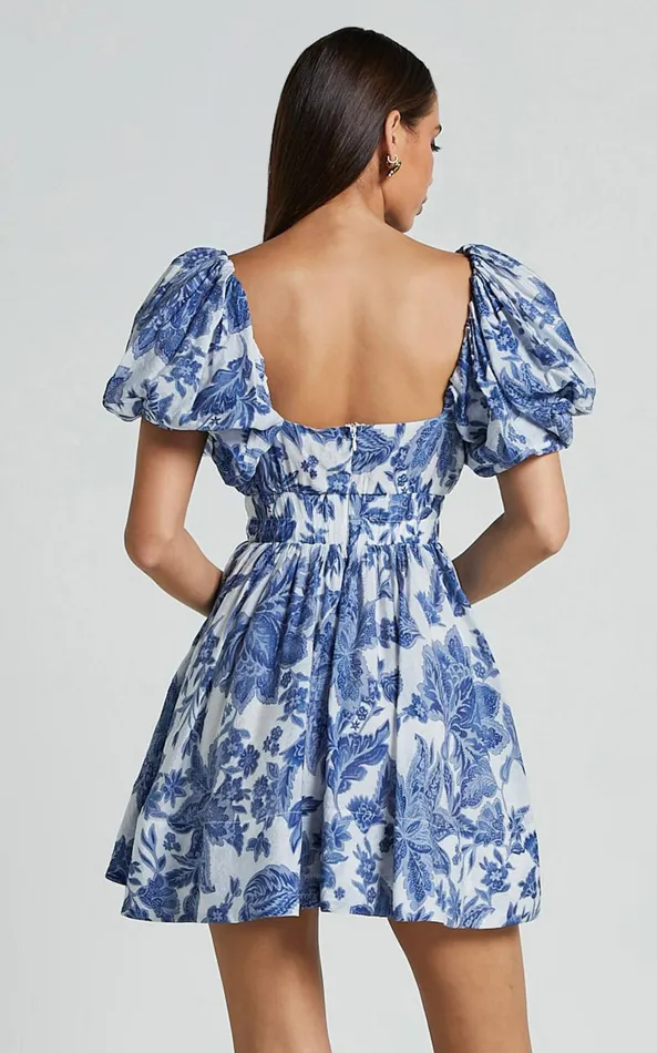 Showpo Mira Mini Dress 8211 Square Neck Balloon Sleeve Dress In Blue Floral Women Dresses