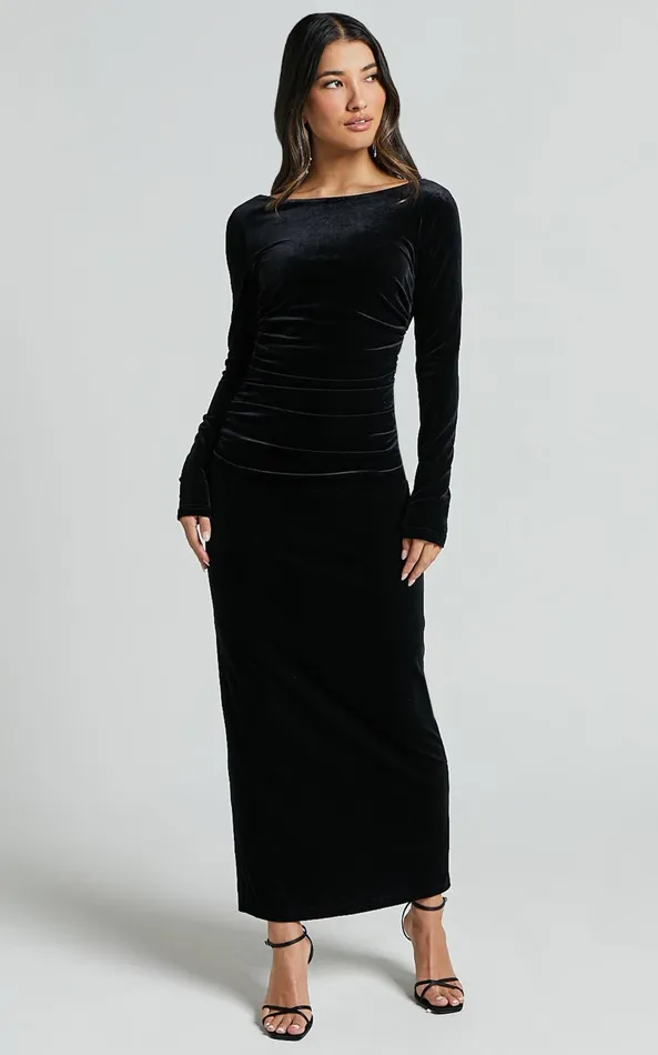 Showpo Mirabelle Midi Dress 8211 Long Sleeve Back Cut Out Ruched Velvet Dress In Black Women Dresses
