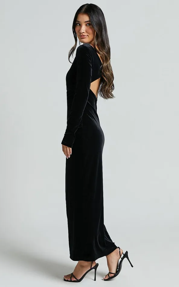 Showpo Mirabelle Midi Dress 8211 Long Sleeve Back Cut Out Ruched Velvet Dress In Black Women Dresses