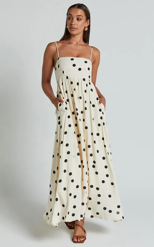 Showpo Miriam Midi Dress 8211 Strappy Straight Neck A Line Dress In Beige and Black Spot Women Dresses Showpo Miriam Midi Dress 8211 Strappy Straight Neck A Line Dress In Beige and Black Spot Women Dresses