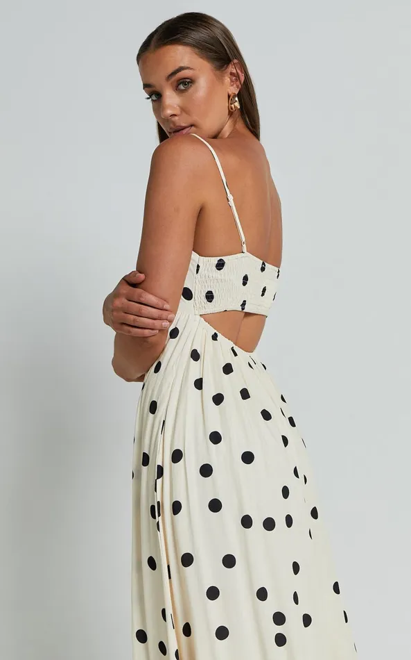 Showpo Miriam Midi Dress 8211 Strappy Straight Neck A Line Dress In Beige and Black Spot Women Dresses