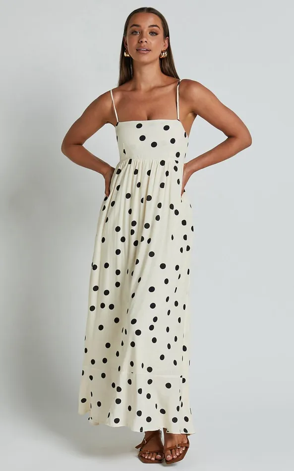 Showpo Miriam Midi Dress 8211 Strappy Straight Neck A Line Dress In Beige and Black Spot Women Dresses