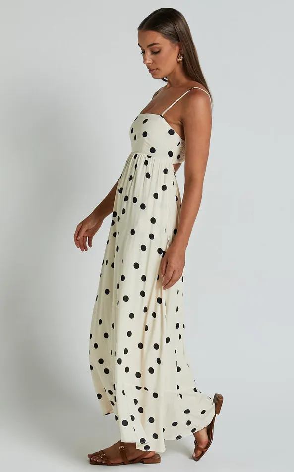 Showpo Miriam Midi Dress 8211 Strappy Straight Neck A Line Dress In Beige and Black Spot Women Dresses
