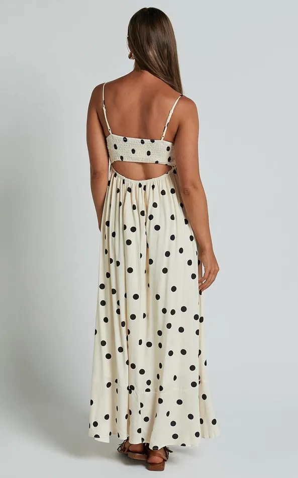 Showpo Miriam Midi Dress 8211 Strappy Straight Neck A Line Dress In Beige and Black Spot Women Dresses