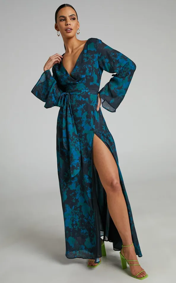 Showpo Mirski Midi Dress 8211 Tie Waist Flared Sleeve Dress In Jewel Blur Women Dresses Showpo Mirski Midi Dress 8211 Tie Waist Flared Sleeve Dress In Jewel Blur Women Dresses