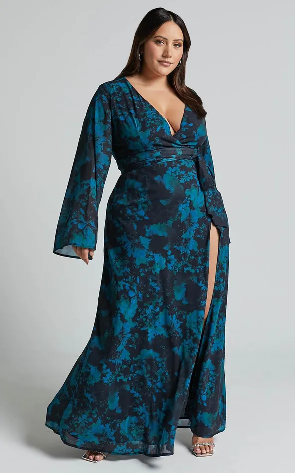 Showpo Mirski Midi Dress 8211 Tie Waist Flared Sleeve Dress In Jewel Blur Women Dresses