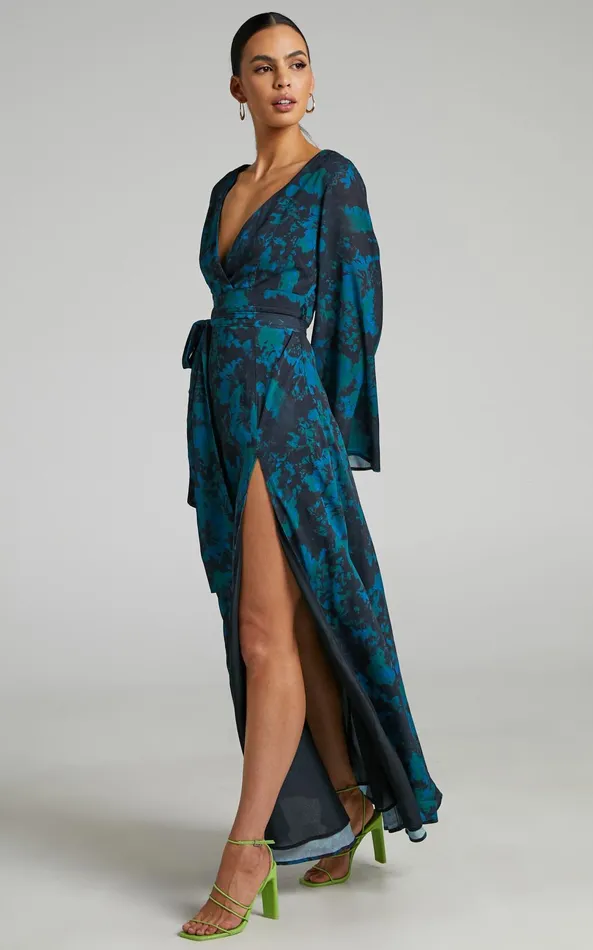 Showpo Mirski Midi Dress 8211 Tie Waist Flared Sleeve Dress In Jewel Blur Women Dresses