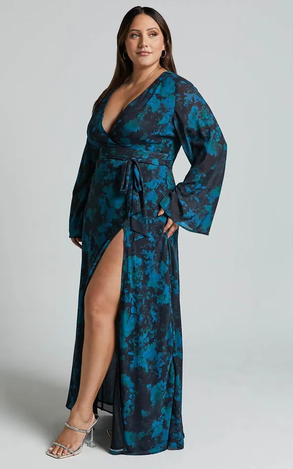 Showpo Mirski Midi Dress 8211 Tie Waist Flared Sleeve Dress In Jewel Blur Women Dresses