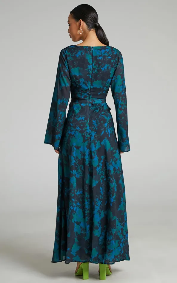 Showpo Mirski Midi Dress 8211 Tie Waist Flared Sleeve Dress In Jewel Blur Women Dresses