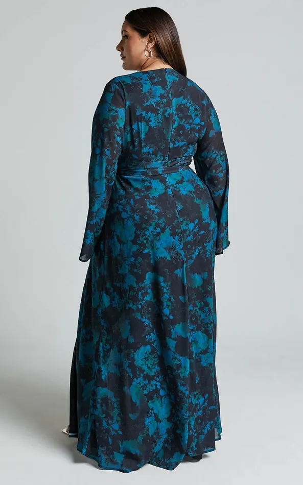 Showpo Mirski Midi Dress 8211 Tie Waist Flared Sleeve Dress In Jewel Blur Women Dresses