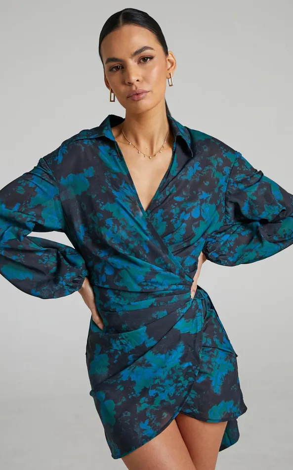 Showpo Mirski Mini Dress 8211 Balloon Sleeve Wrap Dress In Jewel Blur Women Dresses Showpo Mirski Mini Dress 8211 Balloon Sleeve Wrap Dress In Jewel Blur Women Dresses