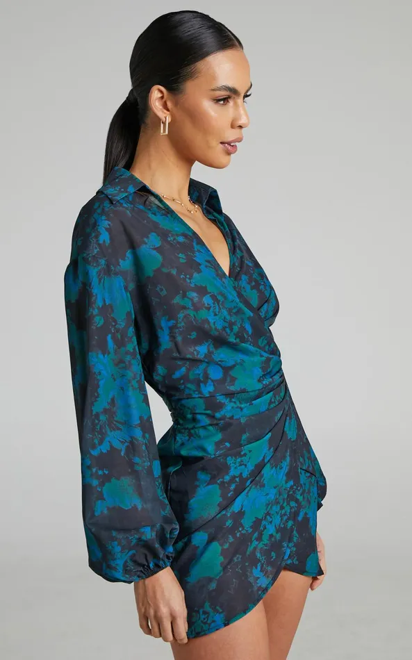 Showpo Mirski Mini Dress 8211 Balloon Sleeve Wrap Dress In Jewel Blur Women Dresses