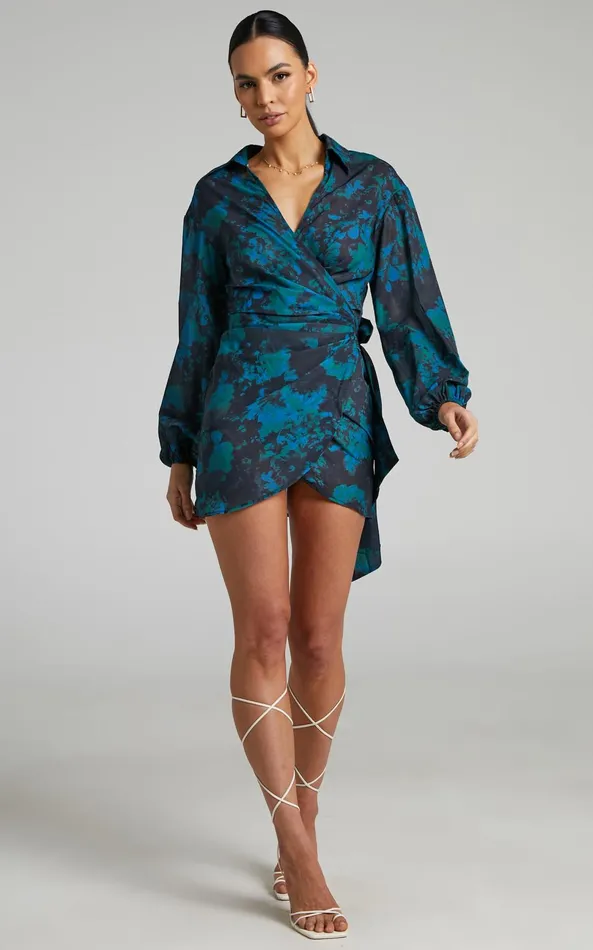 Showpo Mirski Mini Dress 8211 Balloon Sleeve Wrap Dress In Jewel Blur Women Dresses
