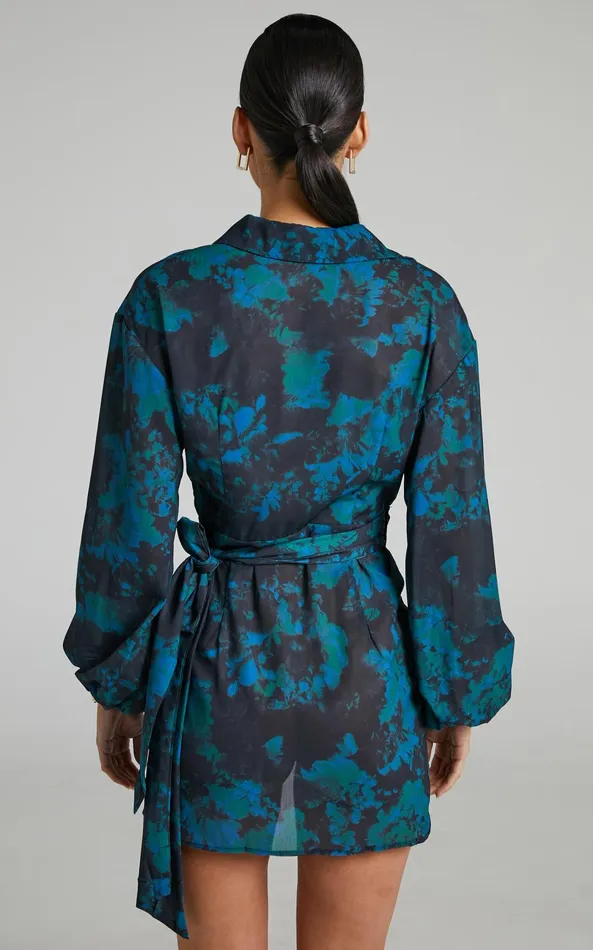 Showpo Mirski Mini Dress 8211 Balloon Sleeve Wrap Dress In Jewel Blur Women Dresses