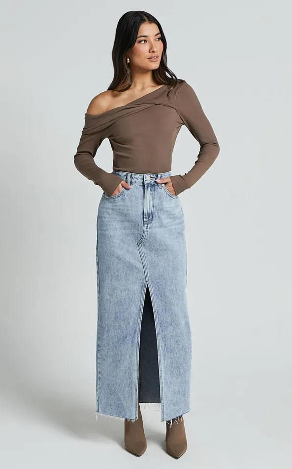 Showpo Misael Top 8211 Asymmetrical Twist Front Jersey Top In Mushroom Women Curve Clothes
