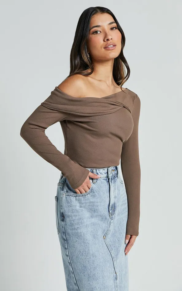 Showpo Misael Top 8211 Asymmetrical Twist Front Jersey Top In Mushroom Women Curve Clothes