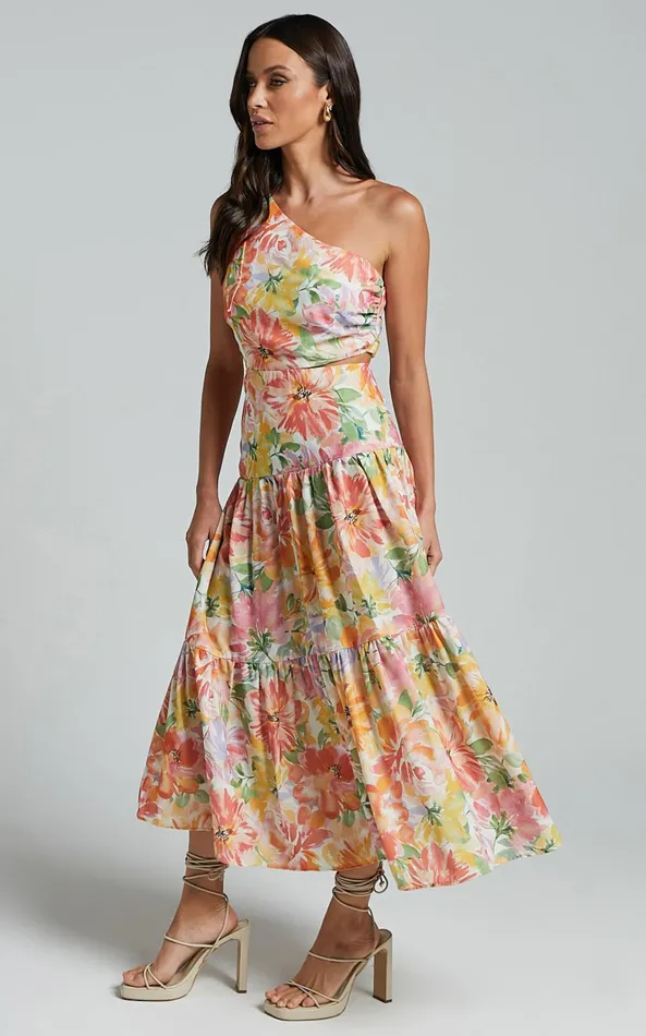 Showpo Mitzy Midi Dress 8211 One Shoulder Cut Out Tiered Dress In Summer Floral Women Dresses