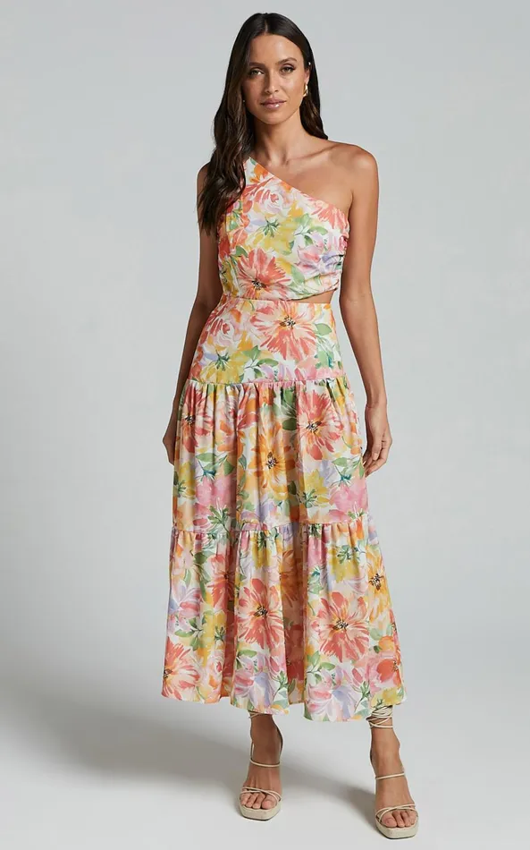 Showpo Mitzy Midi Dress 8211 One Shoulder Cut Out Tiered Dress In Summer Floral Women Dresses