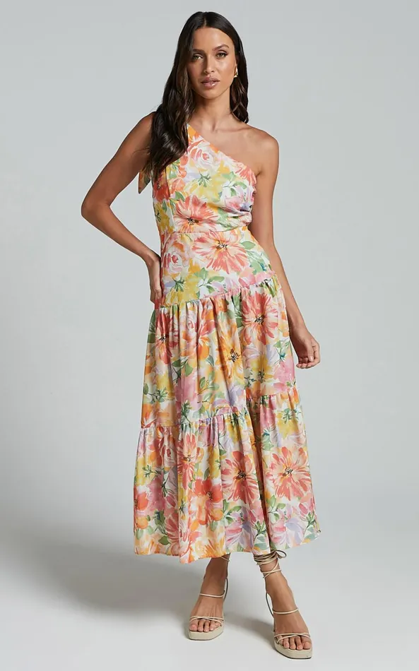Showpo Mitzy Midi Dress 8211 One Shoulder Cut Out Tiered Dress In Summer Floral Women Dresses