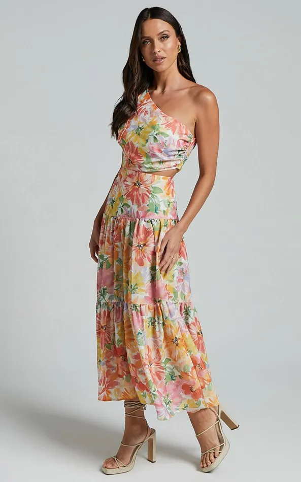 Showpo Mitzy Midi Dress 8211 One Shoulder Cut Out Tiered Dress In Summer Floral Women Dresses