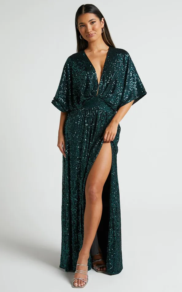 Showpo Miyah Maxi Dress 8211 Sequin Plunge Short Sleeve Dress In Emerald Women Curve Clothes Showpo Miyah Maxi Dress 8211 Sequin Plunge Short Sleeve Dress In Emerald Women Curve Clothes