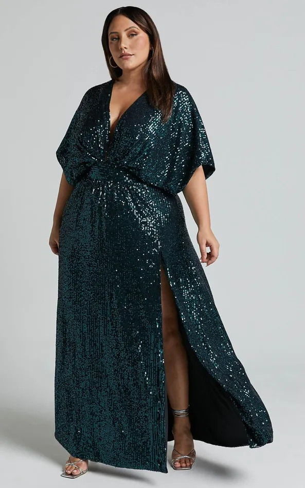 Showpo Miyah Maxi Dress 8211 Sequin Plunge Short Sleeve Dress In Emerald Women Curve Clothes