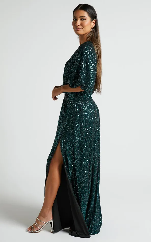 Showpo Miyah Maxi Dress 8211 Sequin Plunge Short Sleeve Dress In Emerald Women Curve Clothes