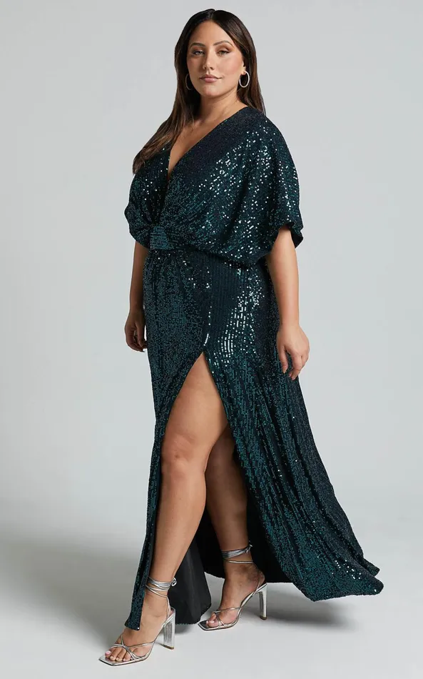 Showpo Miyah Maxi Dress 8211 Sequin Plunge Short Sleeve Dress In Emerald Women Curve Clothes