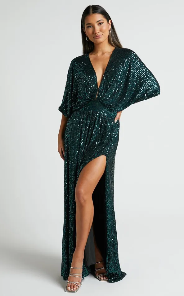 Showpo Miyah Maxi Dress 8211 Sequin Plunge Short Sleeve Dress In Emerald Women Curve Clothes