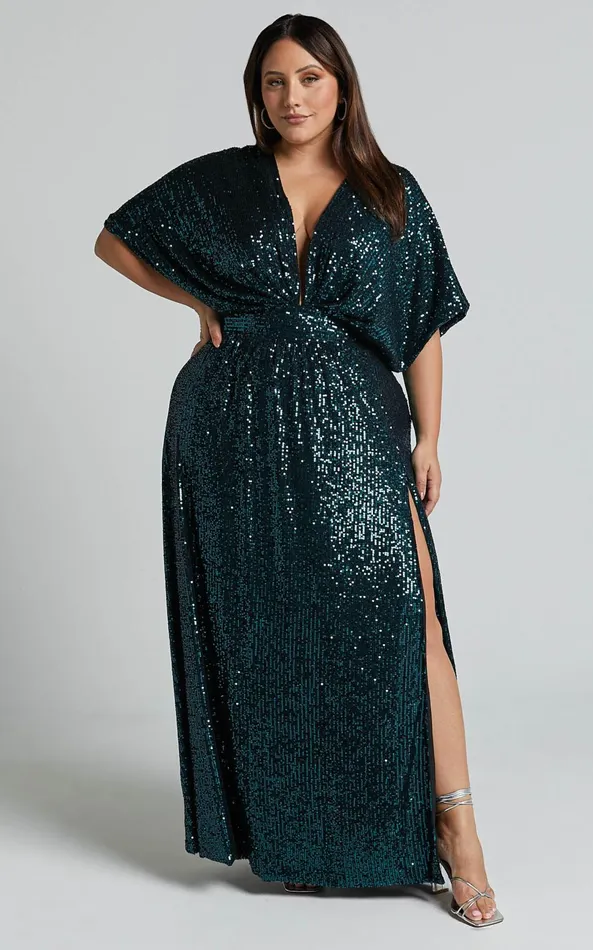 Showpo Miyah Maxi Dress 8211 Sequin Plunge Short Sleeve Dress In Emerald Women Curve Clothes