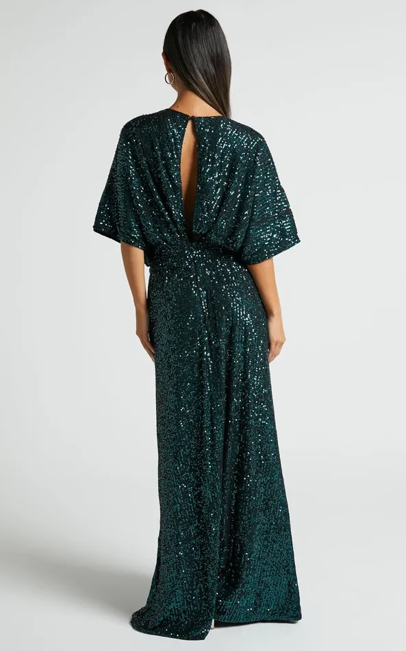Showpo Miyah Maxi Dress 8211 Sequin Plunge Short Sleeve Dress In Emerald Women Curve Clothes