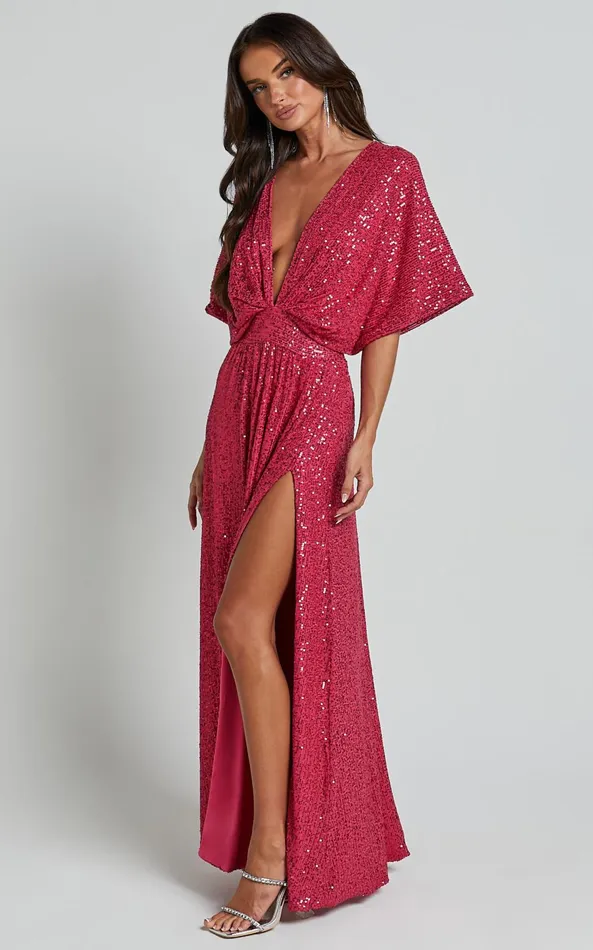 Showpo Miyah Maxi Dress 8211 Sequin Plunge Short Sleeve Dress In Pink Women Dresses