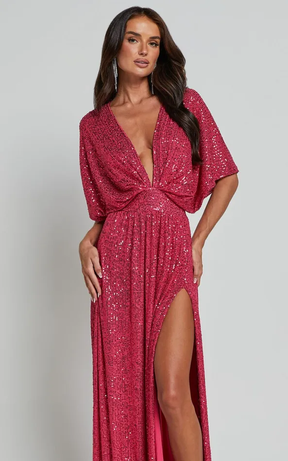 Showpo Miyah Maxi Dress 8211 Sequin Plunge Short Sleeve Dress In Pink Women Dresses