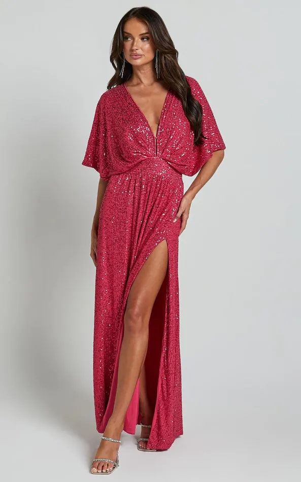 Showpo Miyah Maxi Dress 8211 Sequin Plunge Short Sleeve Dress In Pink Women Dresses