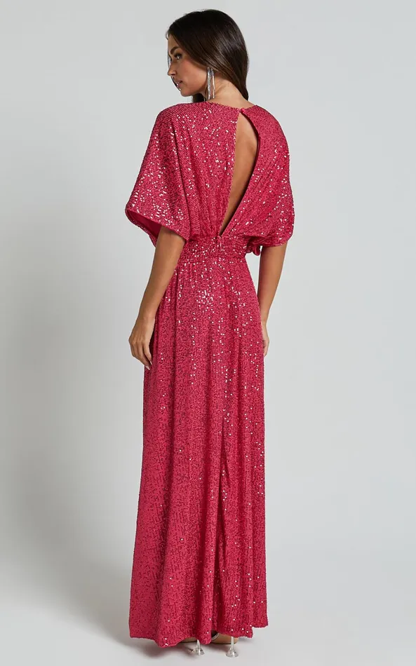 Showpo Miyah Maxi Dress 8211 Sequin Plunge Short Sleeve Dress In Pink Women Dresses