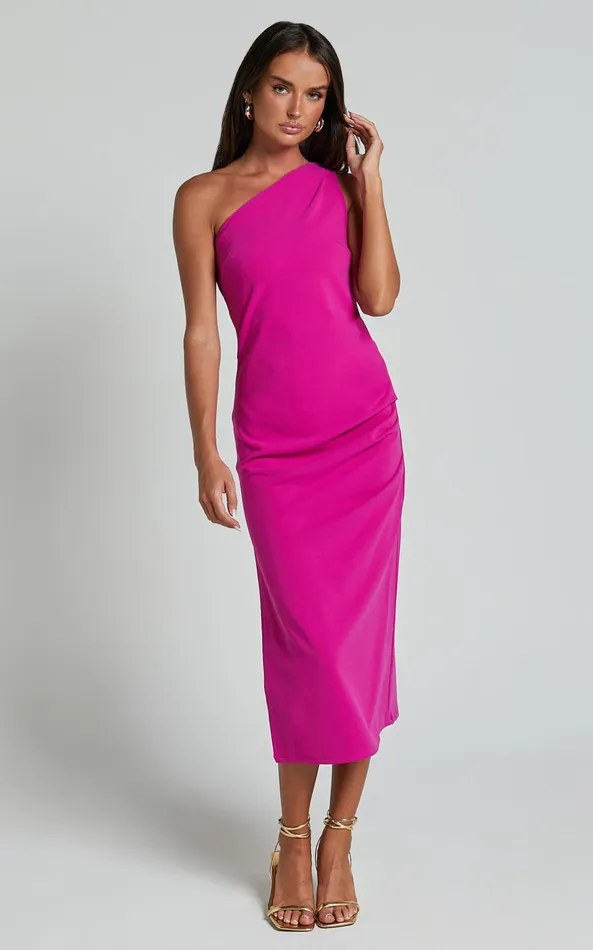 Showpo Monette Midi Dress 8211 One Shoulder Straight Dress In Grape Women Dresses