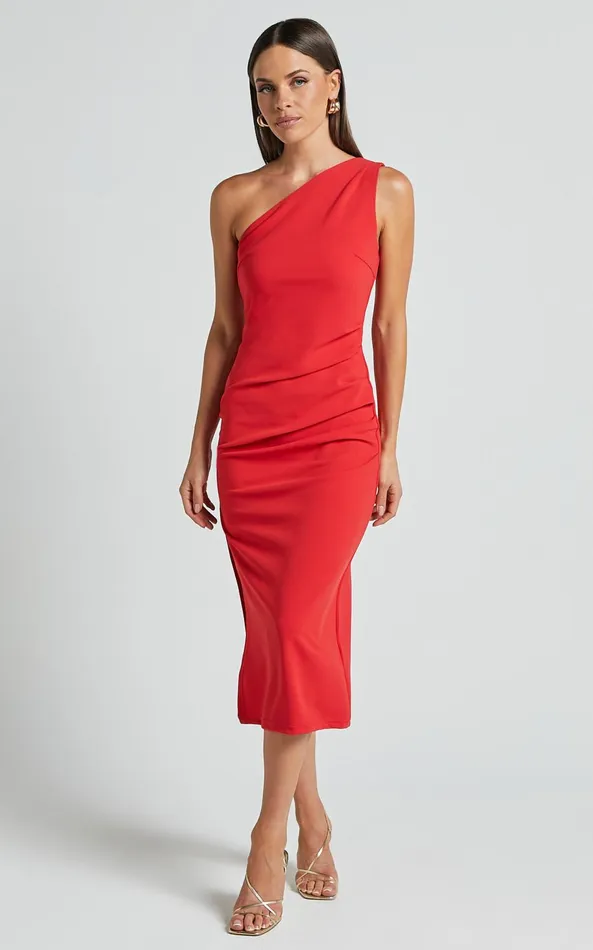 Showpo Monette Midi Dress 8211 One Shoulder Straight Dress In Orange Red Women Dresses