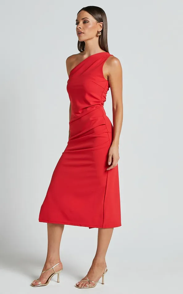 Showpo Monette Midi Dress 8211 One Shoulder Straight Dress In Orange Red Women Dresses