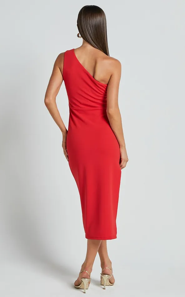Showpo Monette Midi Dress 8211 One Shoulder Straight Dress In Orange Red Women Dresses