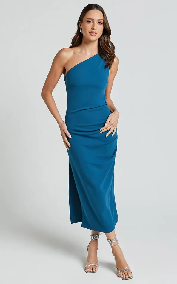 Showpo Monette Midi Dress 8211 One Shoulder Straight Dress In Teal Women Dresses